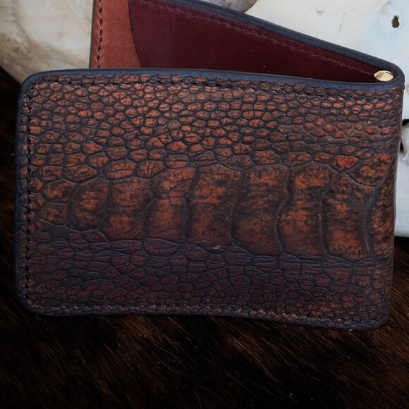 Premium Exotic Brown Ostrich Leg Leather Billfold Money Clip, ethically sourced - Picture 1 of 3